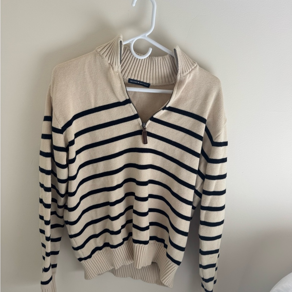Brandy Melville Beige and Black Striped V-Neck Sweater